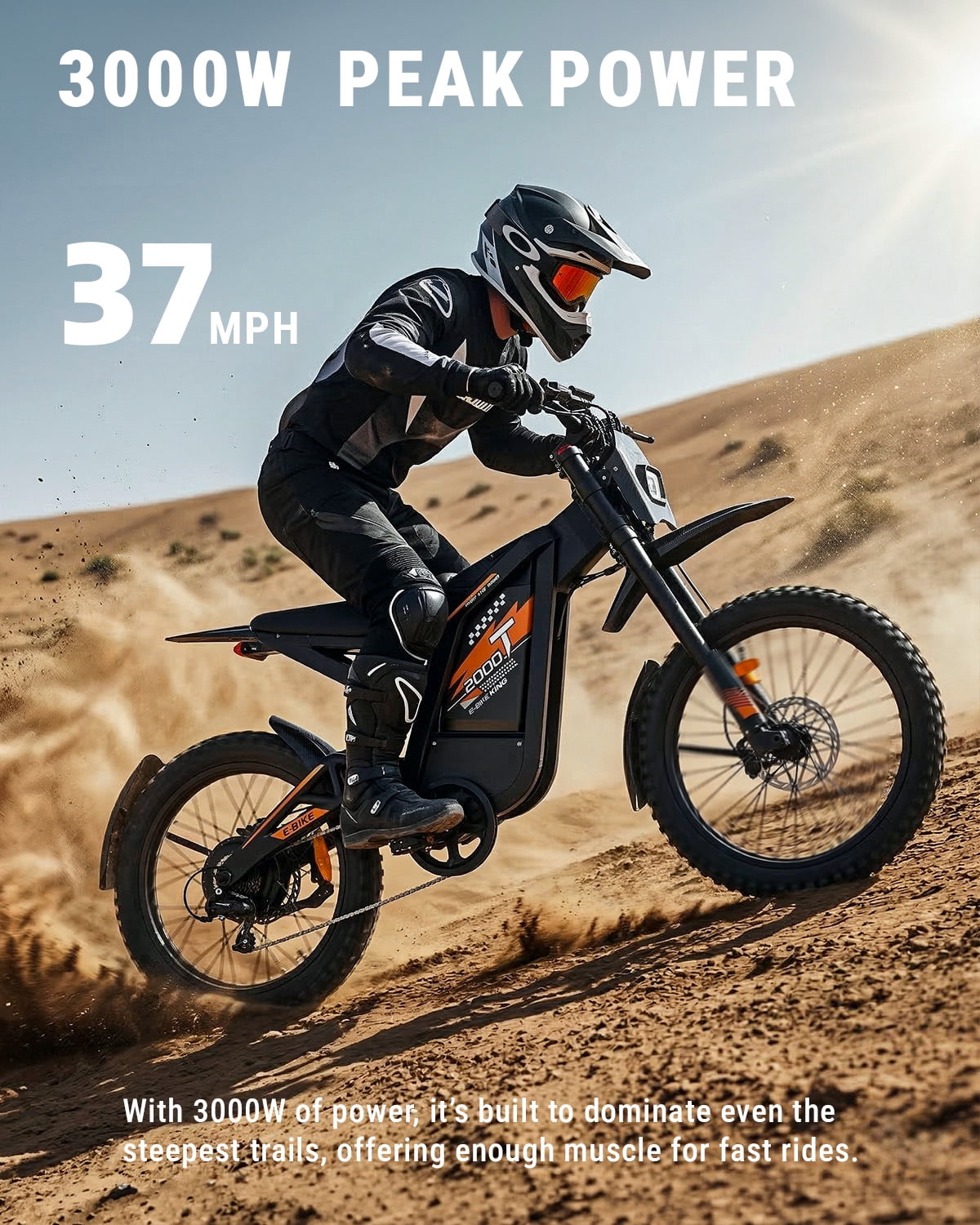 VTOKW T2000 Electric Dirt Bike for Adults,3000W Peak Electric Motorcycle 37MPH 48V 30Ah Battery,85+Miles Electric Bike,24" Fat Tire Ebike,Dual Hydraulic Brakes Mountain Bike,Full Suspension,UL2849