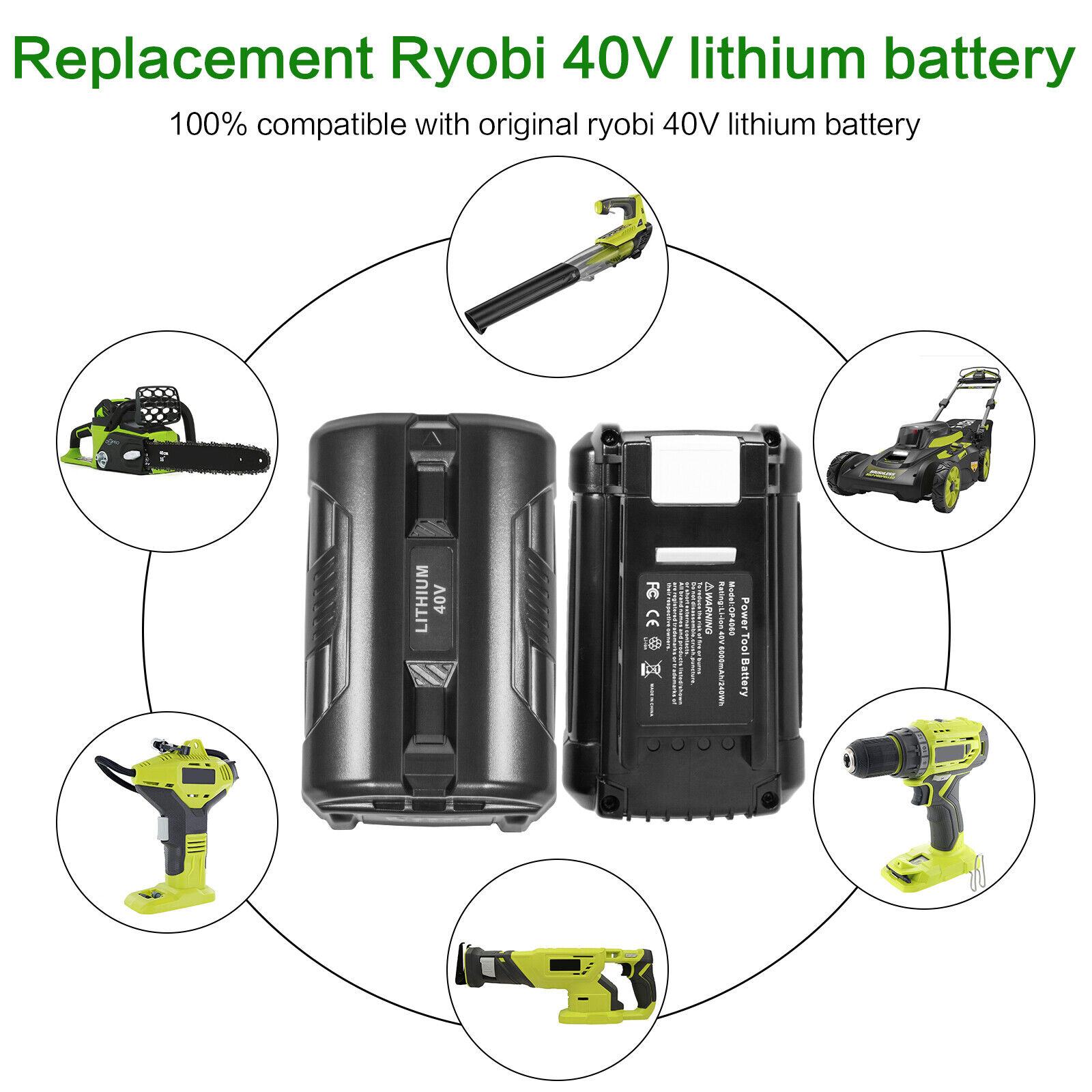 40V Battery for Ryobi RY404100 RY40204BTL RY40630 RY40290 RY40451