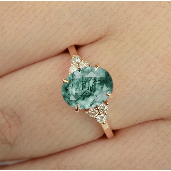 Princy Jewels Oval Cut Moss Agate Ring Engagement Ring,Green Gemstone Anniversary Gift, Wedding/Promise Ring
