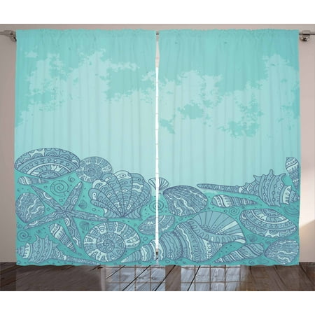Oyster Living Room Set (Nautical Curtains 2 Panels Set, Marine Beauty Shell with Seahorse Starfish Oysters Ocean Sea Tropical Image, Window Drapes for Living Room Bedroom, 108W X 84L Inches, Turquoise Teal, by)