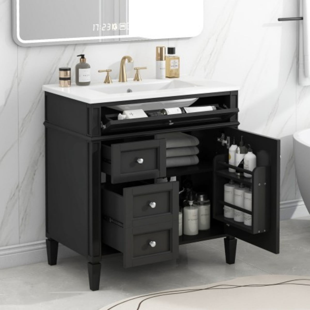 30" Bathroom Vanity with Sink, Modern Freestanding Bathroom Vanity Cabinet with Ceramic Sink, 3 Drawers & Tip-Out Drawer, Adjustable Shelf, White Storage Cabinet, Black