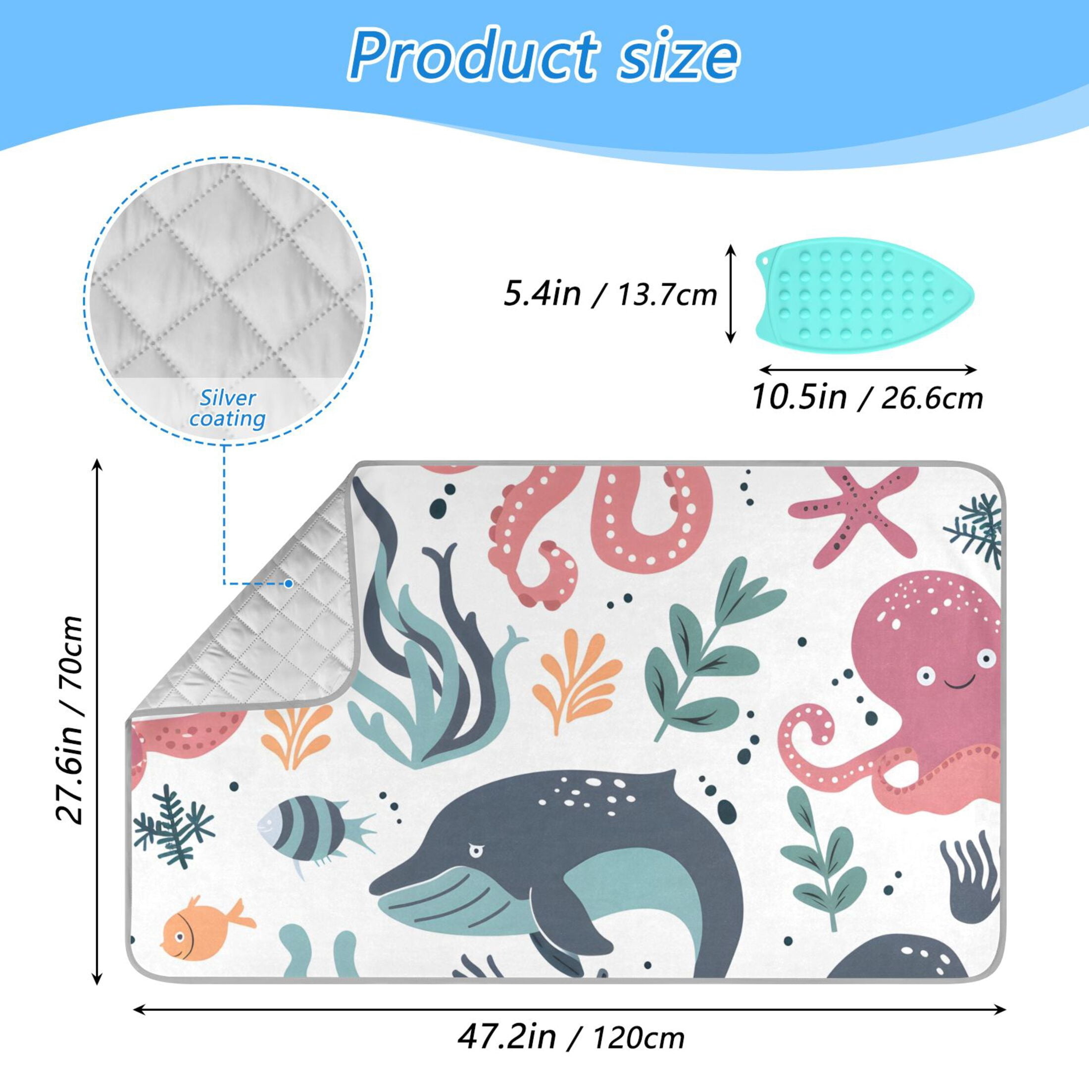 Devilfish Whale Fish Water Plants Ironing Mat Blanket Portable Travel Ironing Pad Heat Resistant Pad 47.2" x 27.6”