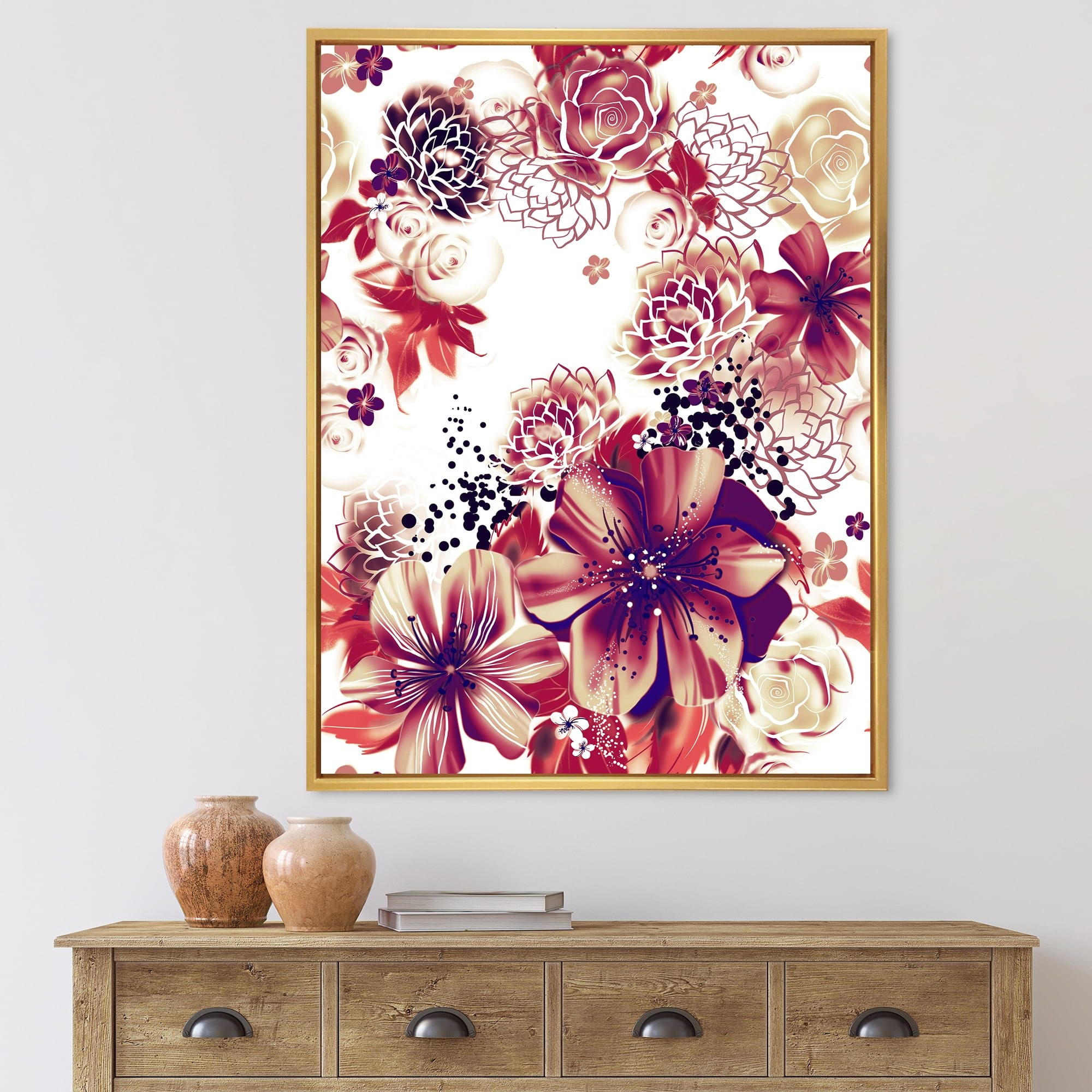 Designart 'Yellow and Pink Flowers Retro' Traditional Framed Canvas Wall Art Print