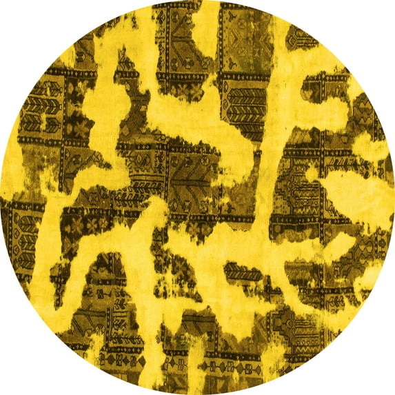 Ahgly Company Machine Washable Indoor Round Abstract Yellow Modern Area Rugs, 8' Round