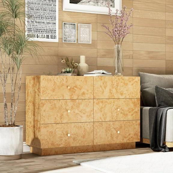 COZAYH Modern 6 Drawer Dresser with Burl Finish, Wide Wood Chest of Drawers Clothes Organizer, Stylish Large Storage Cabinet for Bedroom or Entryway