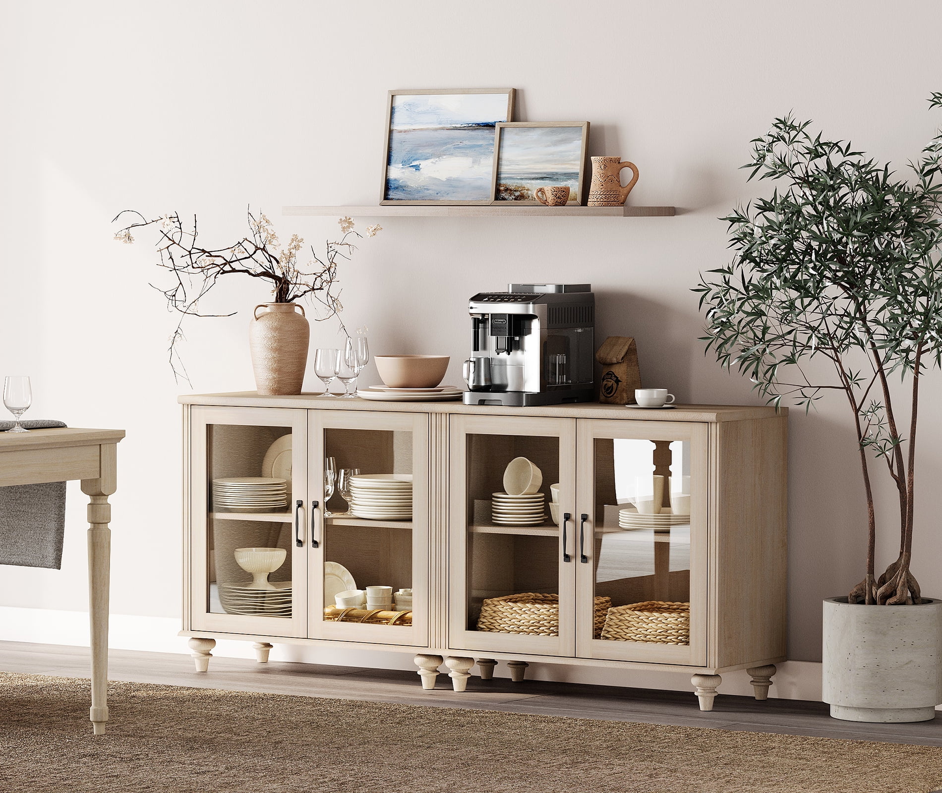 Light Beige Buffet Cabinet with 4 Glass Doors, Kitchen Storage Cabinets with Adjustable Shelf, 68 inch
