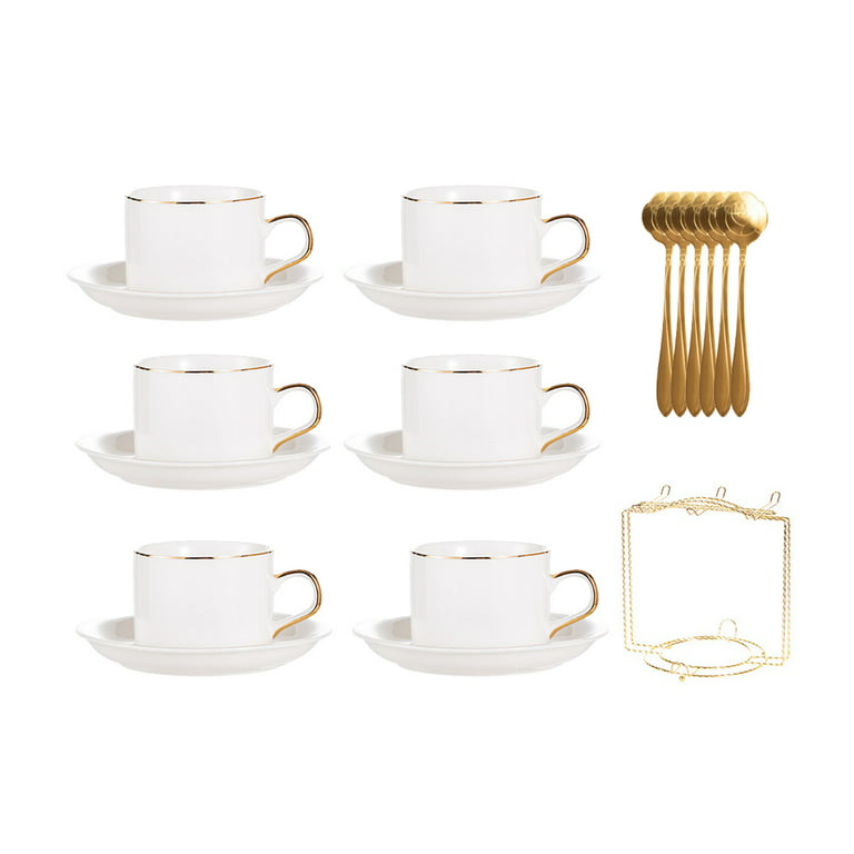 Jusalpha® White Porcelain 5OZ- Tea Cup and Saucer Coffee Cup Set with  Saucer and Spoon, Set of 6 (6 Tea Cup Set With Bracket)