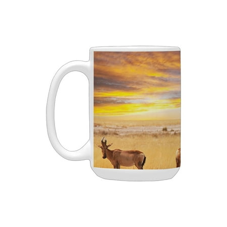 

Safari Decor Antelope Crowd on Grassland at Sunset Tropic Exotic Savannahs African Animals Photo Gol Ceramic Mug (15 OZ) (Made In USA)