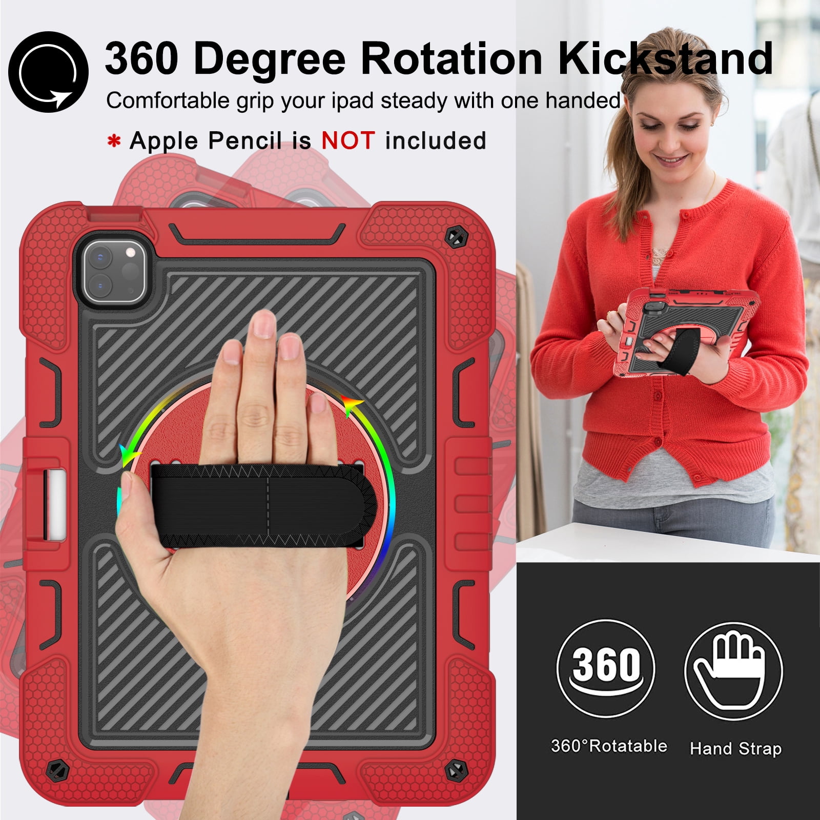 ELEHOLD 3-Layer Shockproof Case For iPad 8th/7th Generation, Rugged Cover with 360° Rotating Kickstand, Wrist Strap, Detachable Shoulder Strap, Pencil Holder, Red+Black