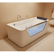 67 Luxury Whirlpool Bathtub with Panoramic Glass Window | 7 Hydro-Massage Jets, Waterfall Faucet & LED Chromatherapy | 1HP 750W Motor, Acrylic Spa Jetted Tub (110V) –Middle Drain