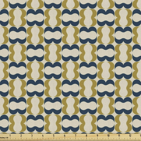 Abstract Fabric by the Yard, Wavy Patterns in Symmetrical Design Modern Art Retro Lattice Print, Decorative Upholstery Fabric for Sofas and Home Accents, Ivory Night Blue and Fawn by Ambesonne