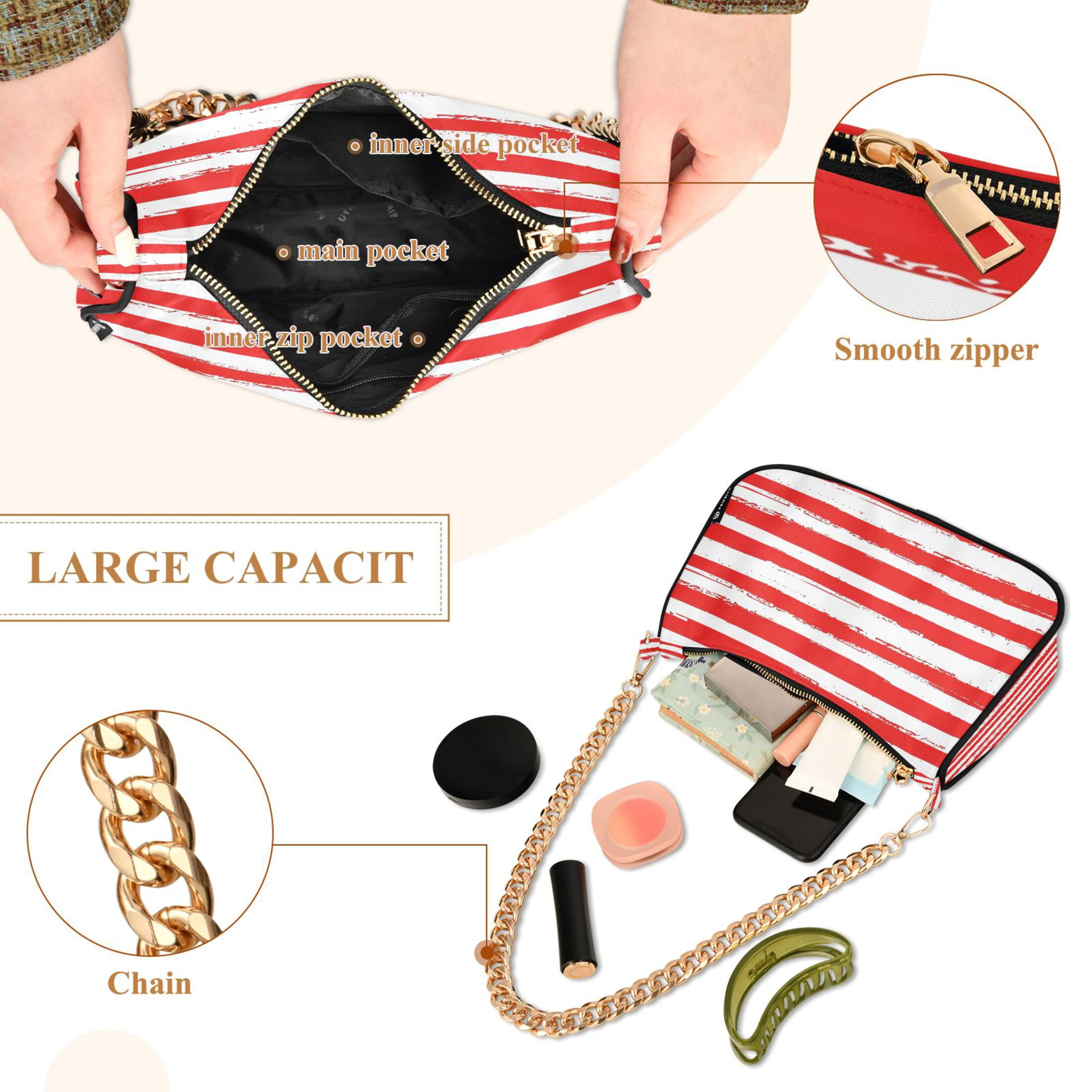 Ryvnso Red and White Stripes Womens Chain Shoulder Bag Tote Handbags Clutch Hobo Purse with Zipper for Travel