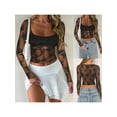 thumbnail image 5 of KelaJuan Women's Summer Fitted Crop Tops Black Long Sleeve U Neck Sheer Lace Floral T-shirt, 5 of 5