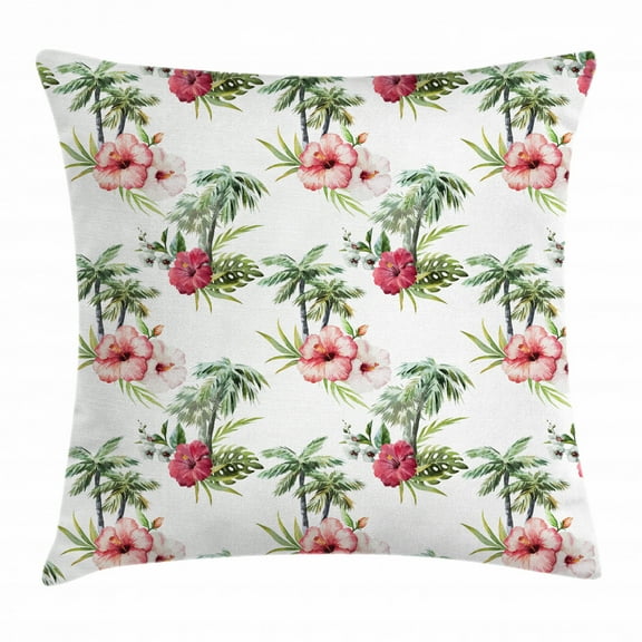 Hawaii Throw Pillow Cushion Cover, Aquarelle Effect Palm Trees Hibiscus Flowers Romantic Summer Bloom, Decorative Square Accent Pillow Case, 16 X 16 Inches, Pale Pink Ruby Reseda Green, by Ambesonne