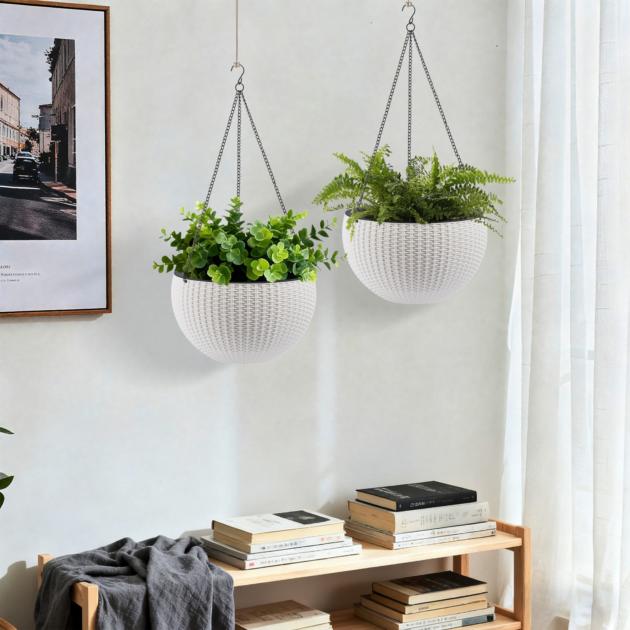 Noble House 2 Pack 13.4" Self-Watering Hanging Planters, Rattan-Style Flower Pots, White