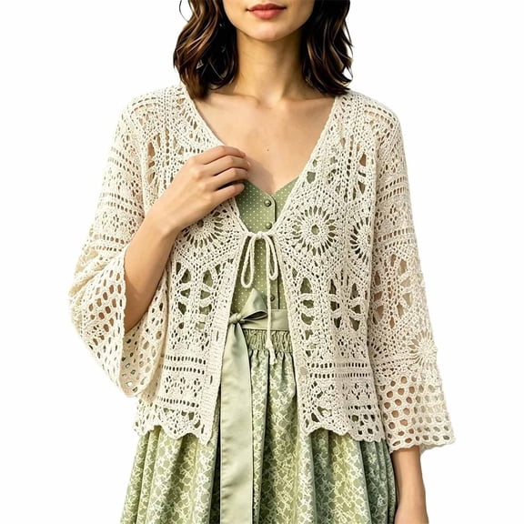 Women Crochet Shrug Knit Sweater, 3/4 Sleeve Cropped Cardigan | Tie Front Tops, Knit Cover up for Evening Dresses Dressy Casual, Ladies Eyelet Shawl Thin Formal
