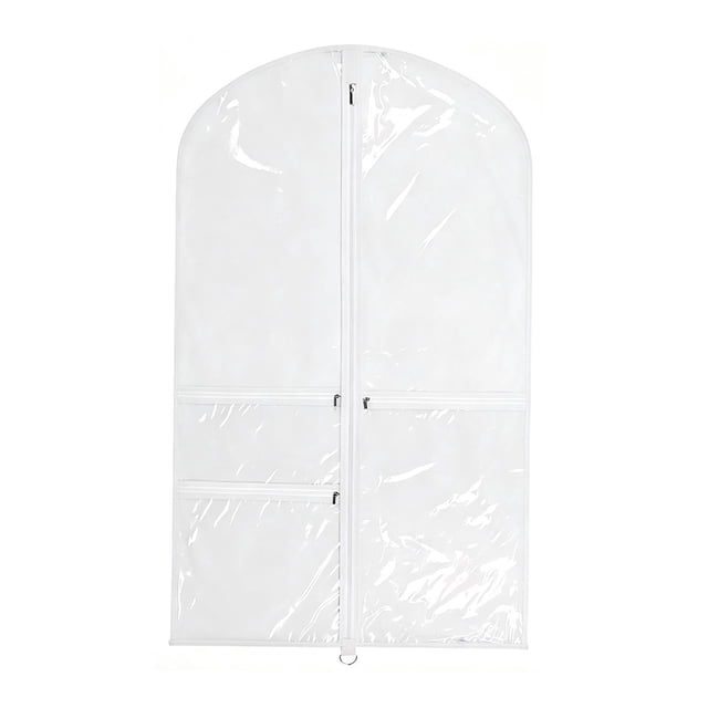 Funda protectora transparente de PVC para uniformes de baile y vestidos de animadoras, con 3 bolsillos con cremallera. Blanco
