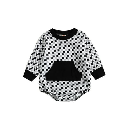 

Domingbub Infant Baby Boy Girls Causal Jumpsuit Checkerboard Plaid Long Sleeve Patchwork Pocket Romper Black 0-6 Months