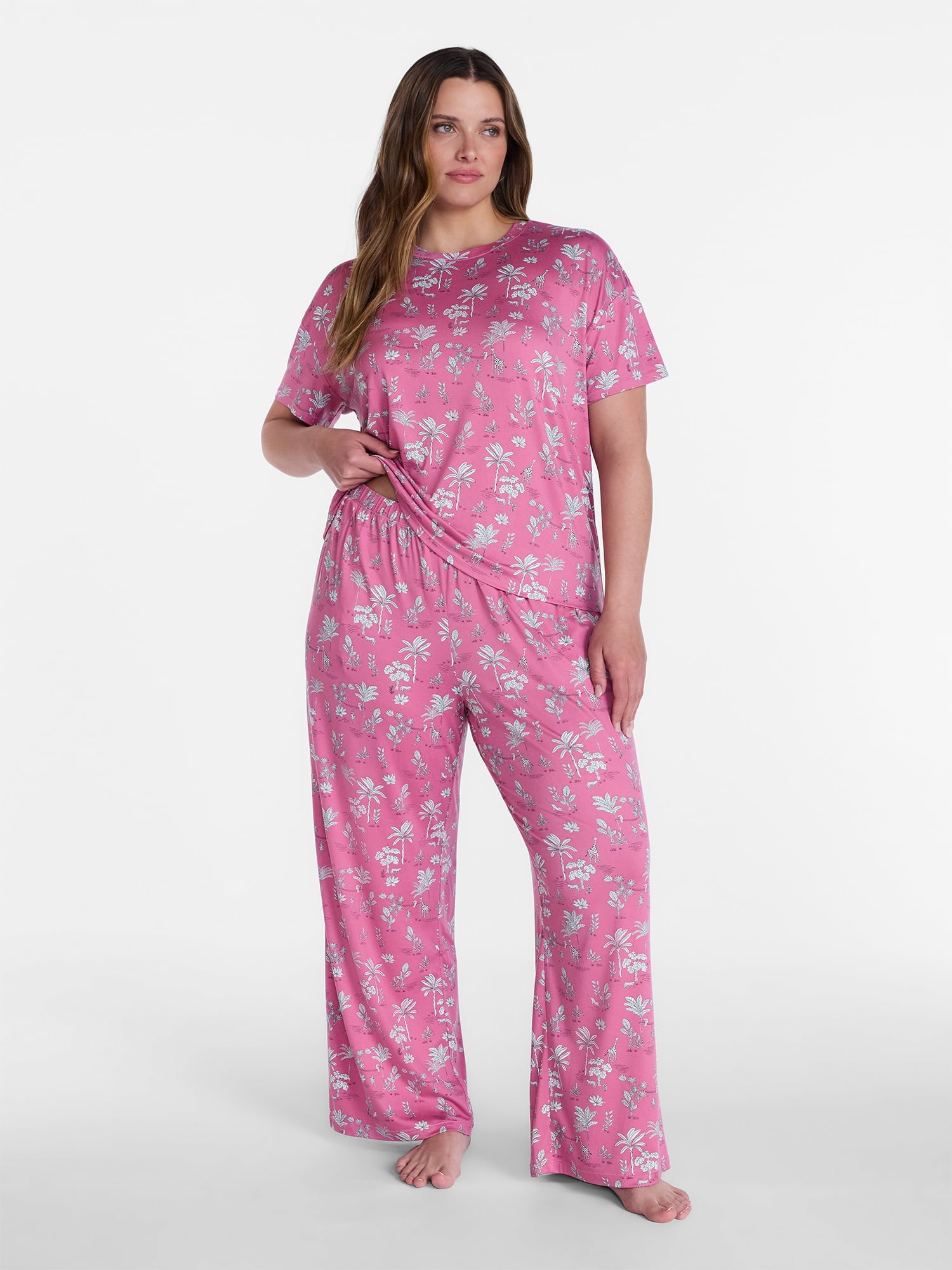 Joyspun Women's Dreamy Soft Collection Short Sleeve Sleep Top and Open Leg Pants Pajama Set, 2-Piece, Sizes XS-3X