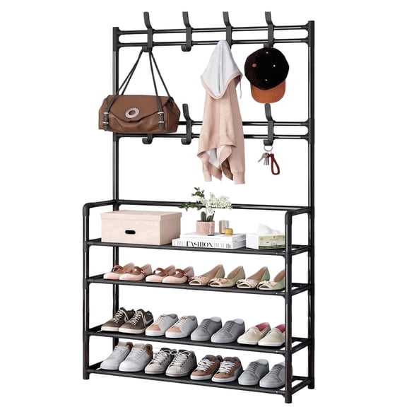 NUBILY 4 Tier Coat Rack Shoe Rack With Storage Shelf Freestanding with 8 Removable Hooks for Entryway Bedroom Closet Modern Industrial Style Coat Tree,Black