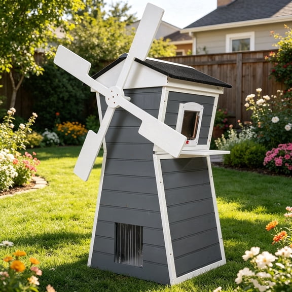 Coziwow Outdoor Cat House, Two-Story Windmill-Shaped Kitty Enclosure with Waterproof Roof, Viewing Platform for Porch or Garden