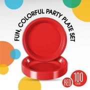 Exquisite 9 Red Disposable Party Plastic Plates, 100 Count, Heavy Duty 350 GSM Plate