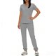 thumbnail image 4 of Conjunto de uniforme médico para mujer, cuello en V, manga corta, blusa, cintura elástica y pantalones deportivos, color sólido, conjunto de trabajo de enfermería de 2 piezas con bolsillos., 4 of 7