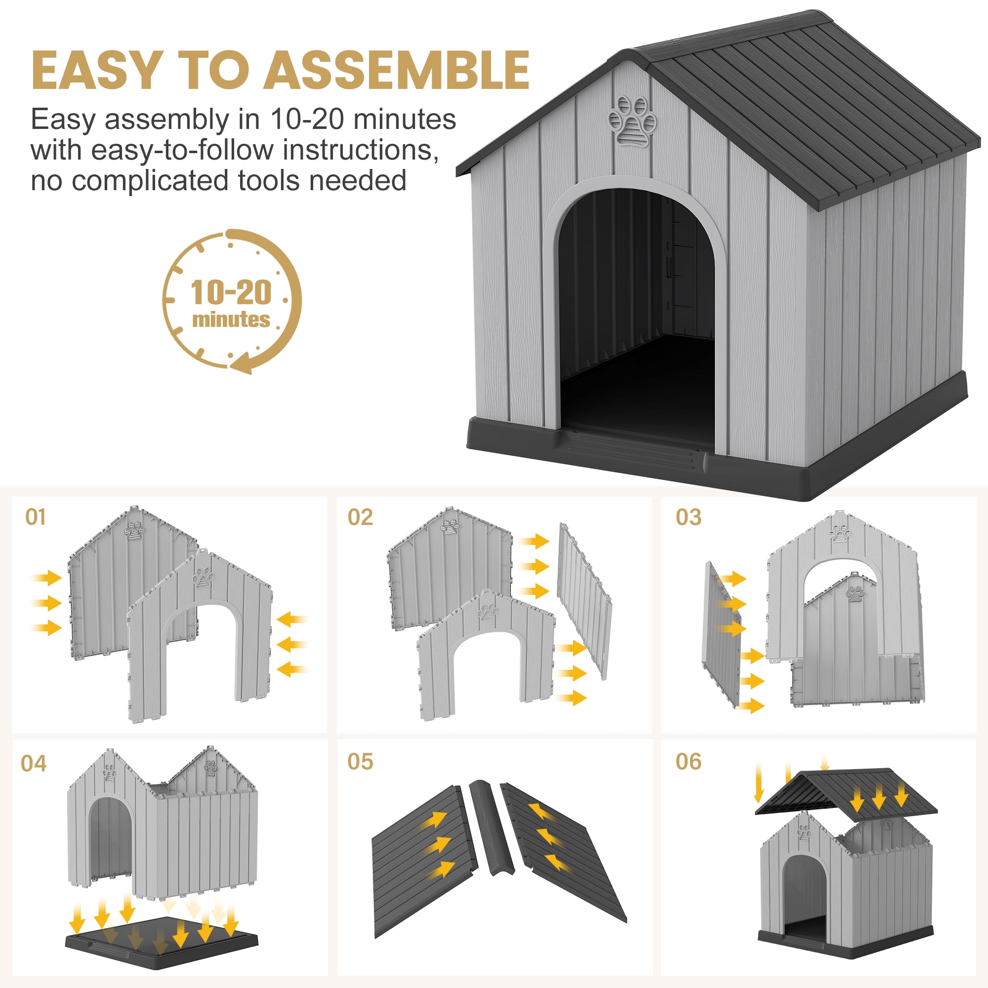 Bifanuo Large Dog House, PP Material Indoor Outdoor with Windows for Medium Large Dogs, Weatherproof Puppy Shelter with Elevated Floor & Air Vents, Easy Clean and Assemble (Black, 36.2"L×38"W×38"H)