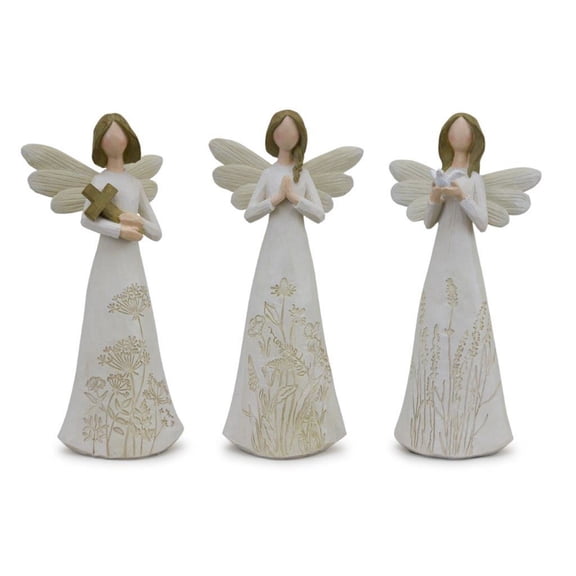 Melrose Floral Etched Angel Tabletop Figurine - 9.75" - White and Brown - Set of 3