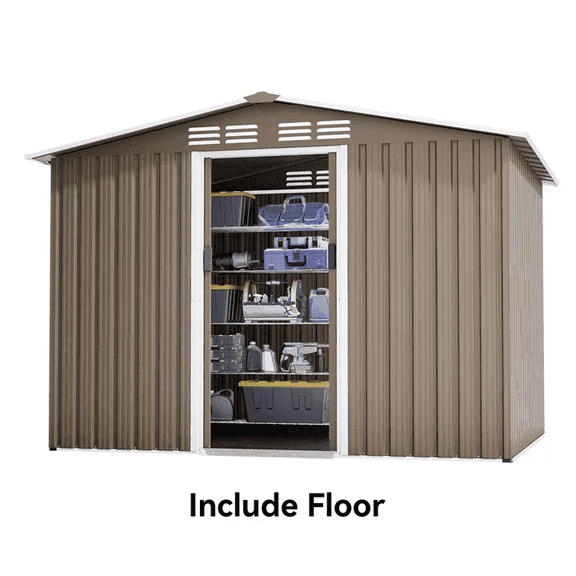 ASJMR 8'x6' Outdoor Metal Storage Shed with Floor for Garden & Tool Storage ,Weather-Resistant Design, Air Vent & Window, Brown