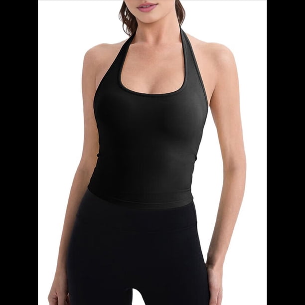 Top Corto con Cuello Halter para Mujer, Cuello en V, para Hacer Ejercicio, Salir, Sin Mangas, Espalda Descubierta, Camisola de Verano . Negro XL