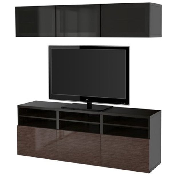 Ikea TV storage combination with drawers and glass doors, blackbrown, Selsviken high