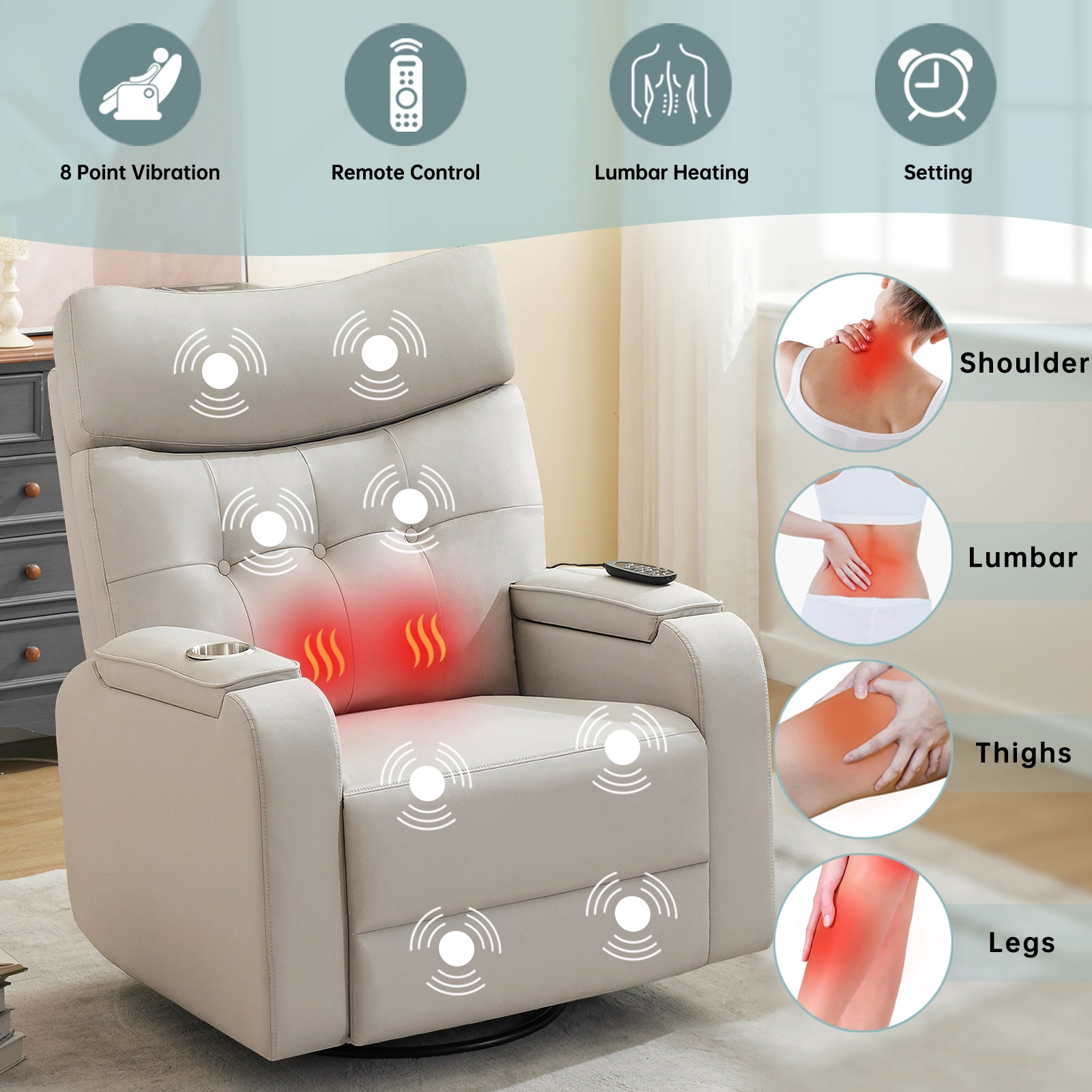 Aemeios Swivel Power Recliner Chair with Massage and Heat, Single Timing Massage Rocking Chair with USB Port and Cup Holders, Rocker Sofa with Storage Space for Living Room Home Theater, Light Gray