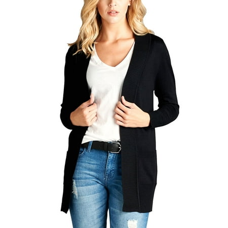 - Womens Long Sleeve Ribbed Banded Open Front Sweater Cardigan SW1948-S-Black