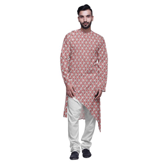 Atasi Printed Ethnic Kurta With White Churidar Pajama Set For Men Summer Wear