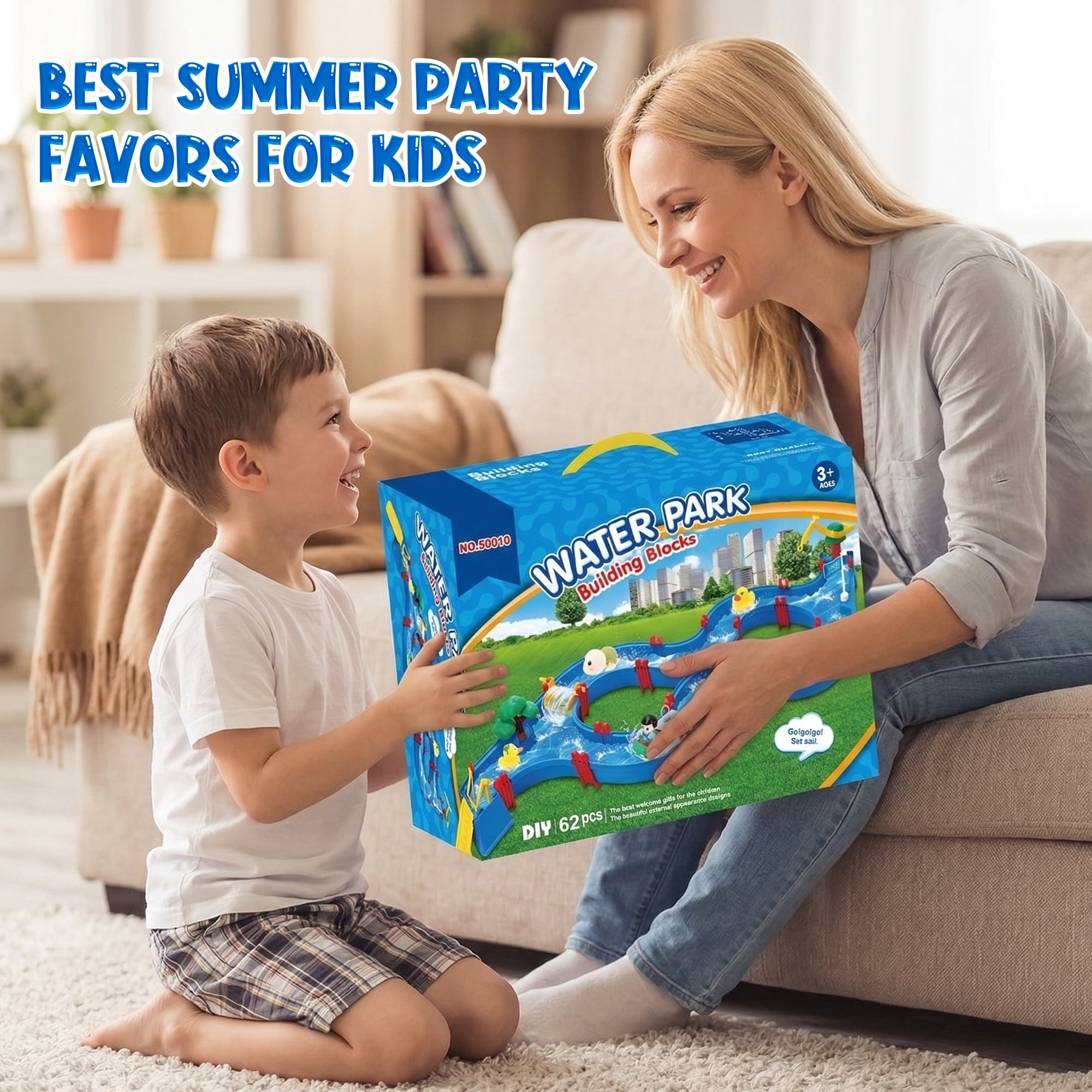 WIDELAND Water Table for Kids, 62PCS Construction Set with Blue Tracks, Floating Boats & Figures, Build Your Own Aqua Coaster Ages 3+, Summer Water Fun Gift