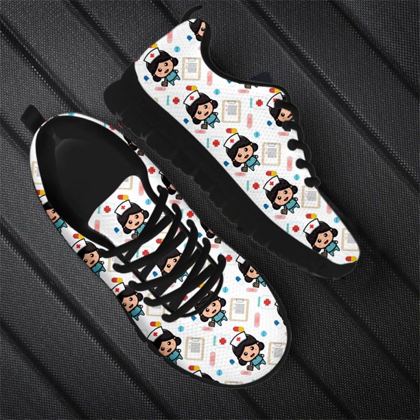 Zapatos planos de mujer con diseño de marca de enfermera kawaii, zapatillas de enfermería casuales a la moda, lindos zapatos con cordones con estampado médico para caminar para estudiantes