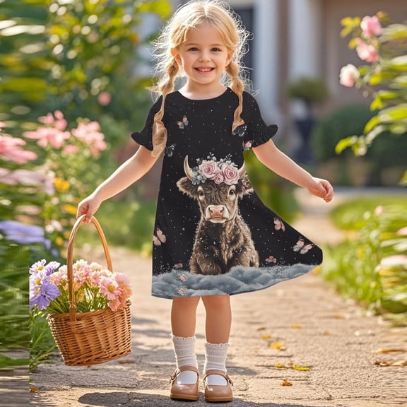 SGFCWSX Girls Ruffle Sleeve Swing Dress Kids Rainbow Glitter Star Print Crewneck Casual Dress for Spring Summer Play Black Size 6-7 Years