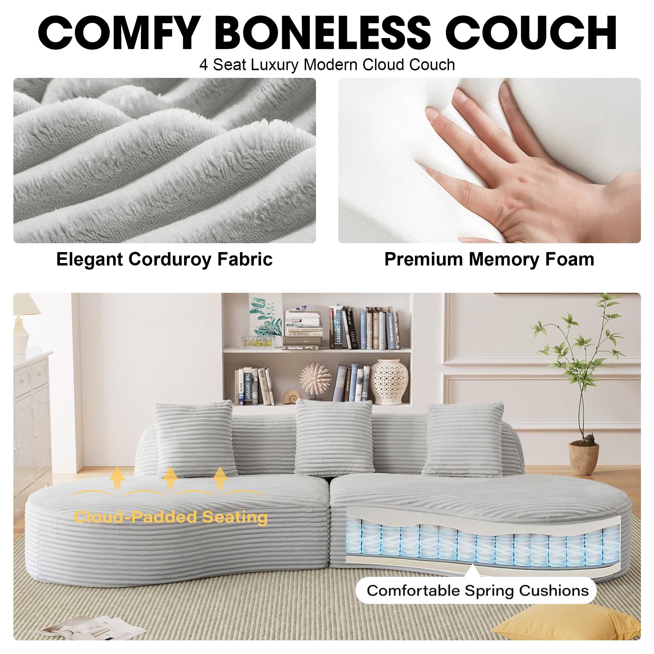 Aukfa 123.2" Oversized Cloud Sectional Sofa – Curved Upholstered Living Room Couch with 3 Pillows, No Assembly, Gray