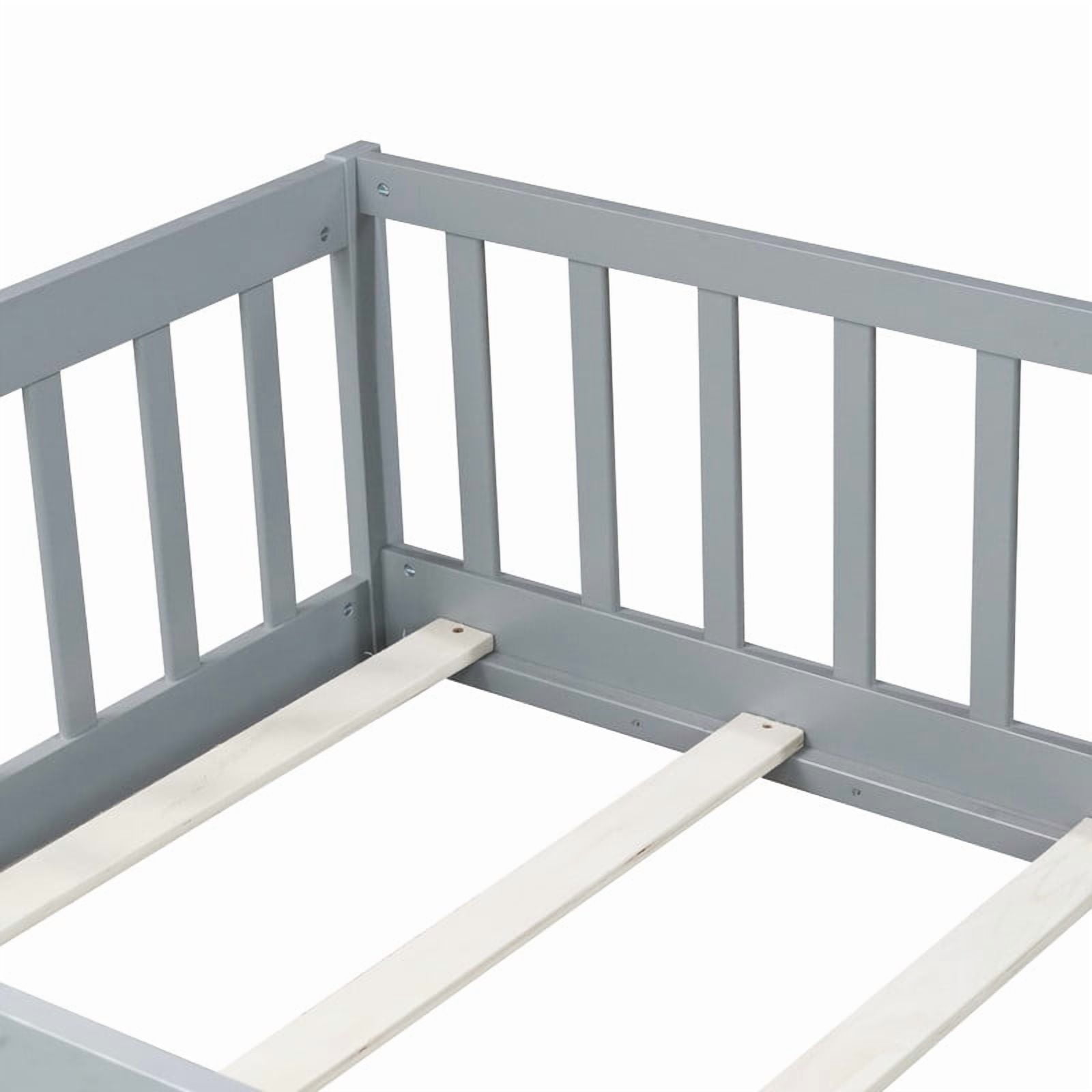 Bellemave Twin Size Floor Beds with Door, Wood Montessori Bed with Fence Railings & Support Slats, No Box Spring Needed (Gray)