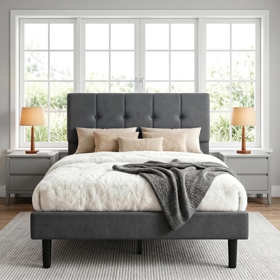 Twin Bed Frame with Velvet Completed Upholstered Headboard, Wooden Slats Support/No Box Spring Needed/Easy Assembly, Dark Gray