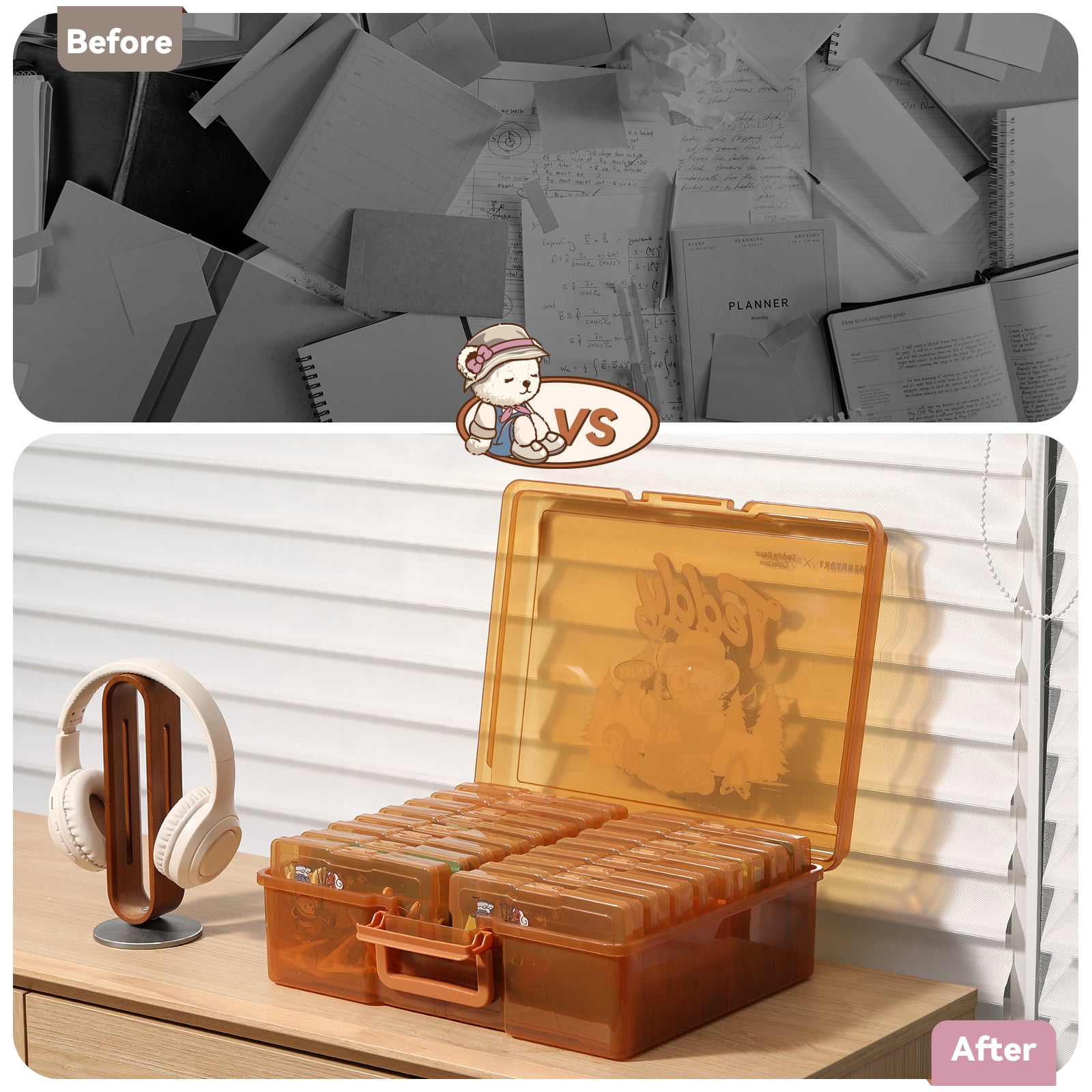 Novelinks 4x6 Inch Photo Boxes with 16 Inner Cases,Memory Organizer, Brown Plastic Box for Crafts, Stickers, Seeds, Art Supplies,Print with Camping Style Teddy Bear