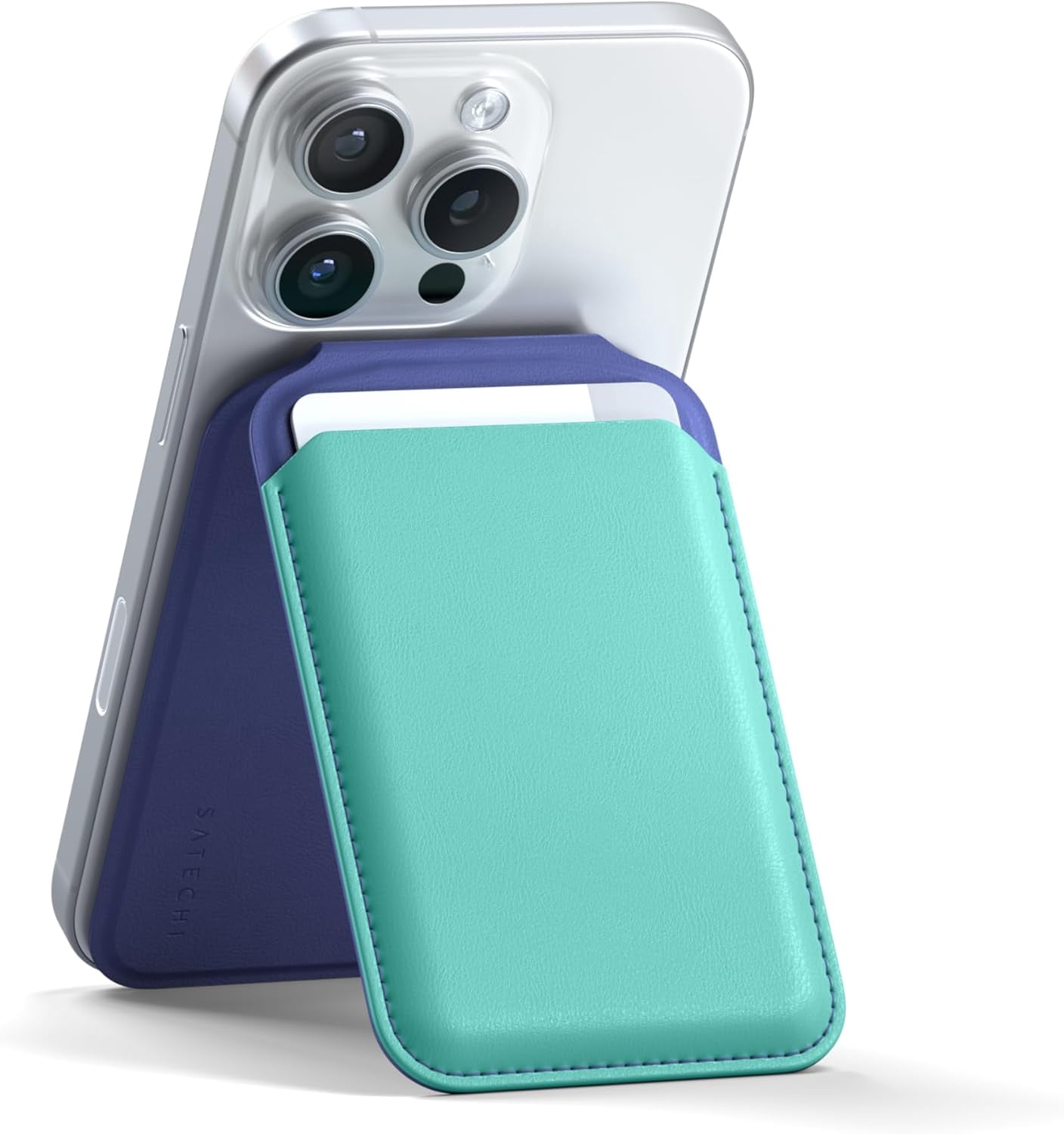 Satechi Magnetic Magsafe Wallet, Double Flap Stand Card Holder, 4 Slots with Front NFC Pass-Through, Adjustable Phone Attachment for iPhone 17/16/15/14/13/12, Travel Accessory, Aqua