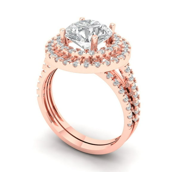 2.68 ct Brilliant Round Cut White Sapphire 14K Rose Gold Halo Solitaire with Accents Engagement Bridal Wedding Ring Band Set size 6.25