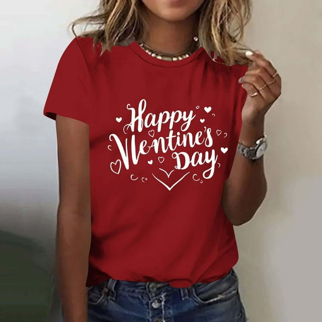 Ounisa T-Shirts pour Femmes Col Rond Mignon Cœur Lettre Graphique Manches Courtes Hauts d'Été