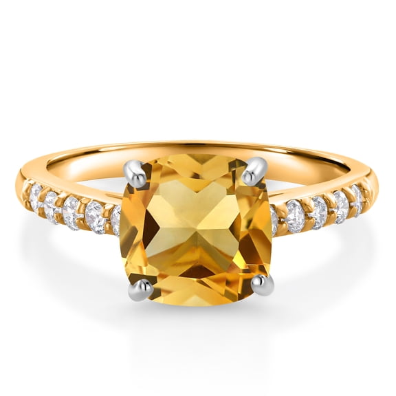 Gem Stone King 10K Yellow Gold Yellow Citrine and White Lab Grown Diamond Engagement Ring for Women (2.20 Cttw, Cushion 8MM, Gemstone November Birthstone, Size 9)