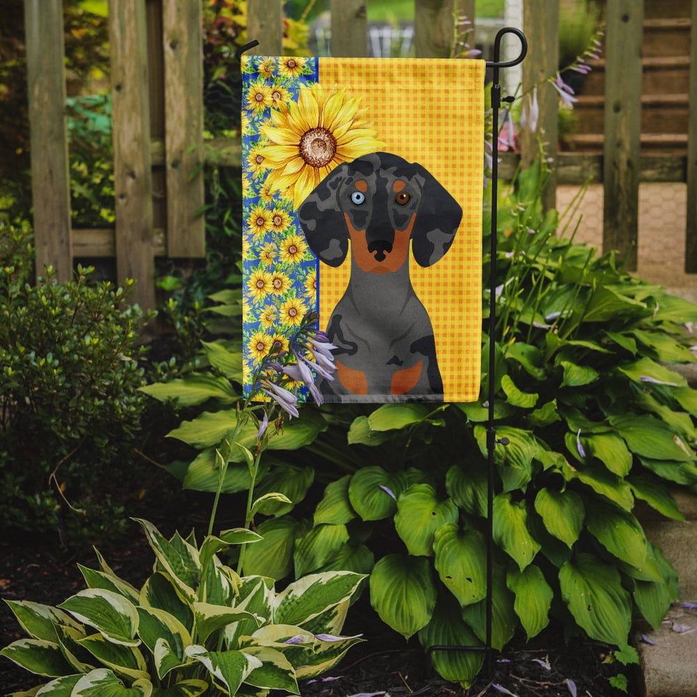Summer Sunflowers Black Dapple Dachshund Flag Garden Size 11.25 in x 15.5 in