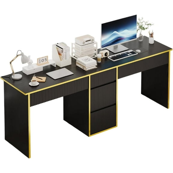 DreamCurship 78 inch Two Person Desk with 5 Drawers, Computer Desk with Storage Shelves, Double Desk with Storage for 2 People, Home Office Work Desk, Black