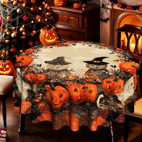 Vintage Watercolor Halloween Scarecrow Pumpkin 2D Print Round Tablecloth, Rustic Fall Jack-o'-Lantern Pattern Cover for Kitchen Dining Outdoor Patio Halloween Parties