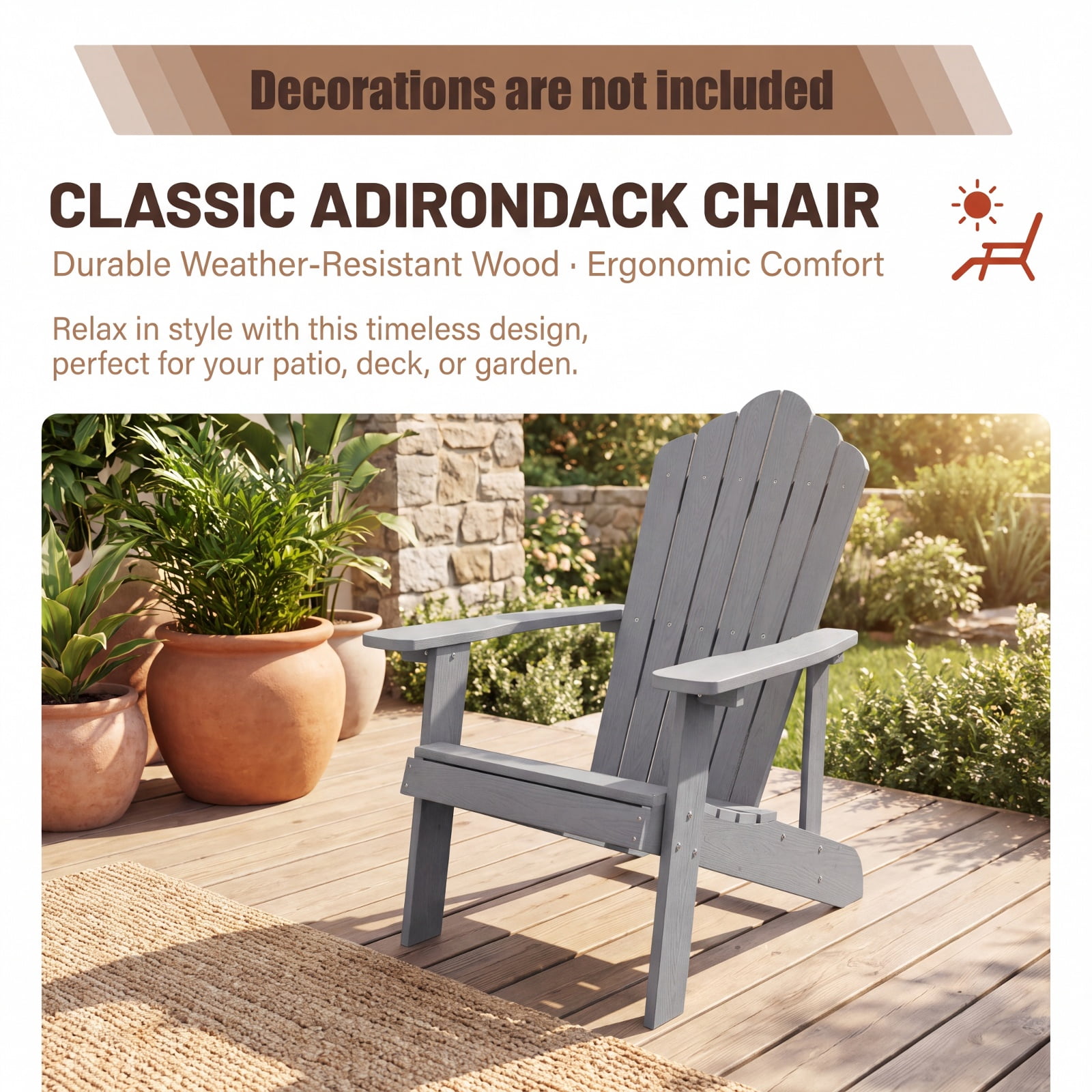 Furnibear Weather Resistant HIPS Outdoor Adirondack Chair with Hidden Cup Holder and High Backrest for Garden Patio and Poolside, Gray